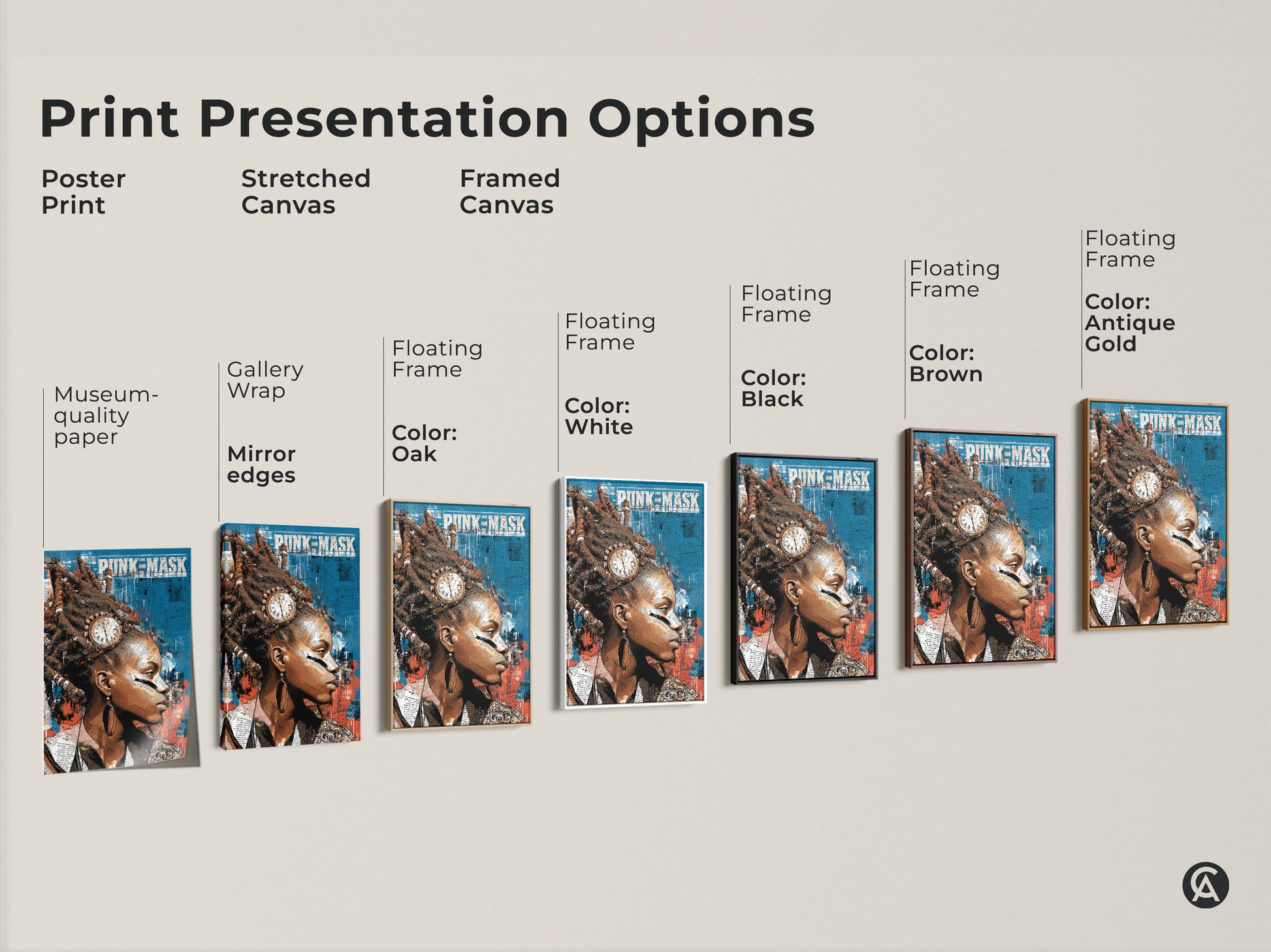 Explore print presentation options for punk mask canvas art. See poster prints stretched canvases and framed canvases. Discover eclectic wall art for hip hop culture decor and unique gifts.