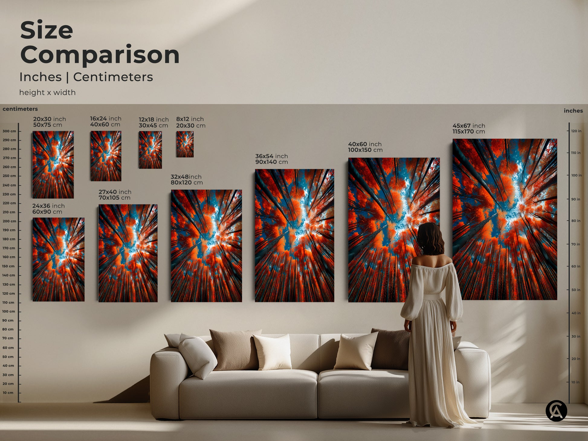 Size comparison of forest canopy artwork in inches and centimeters. Various sizes are displayed.  See how the artwork fits in a living room setting. Choose the perfect size for your space with our size comparison guide.