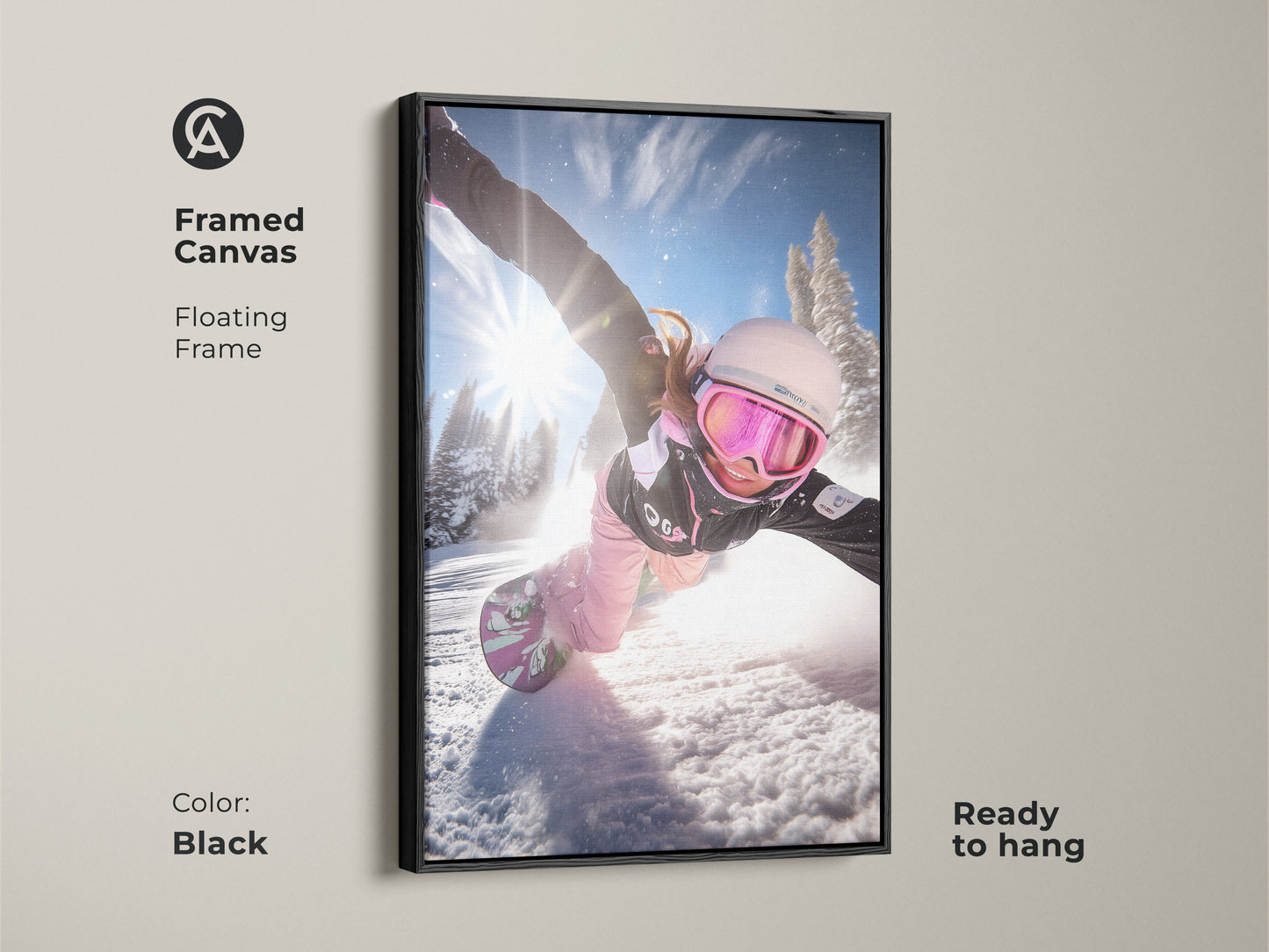 Framed canvas of a snowboarder in action. The black floating frame adds a sleek touch. This dynamic winter sports print is ready to hang. Ideal wall art for snowboarder bedrooms and living areas.