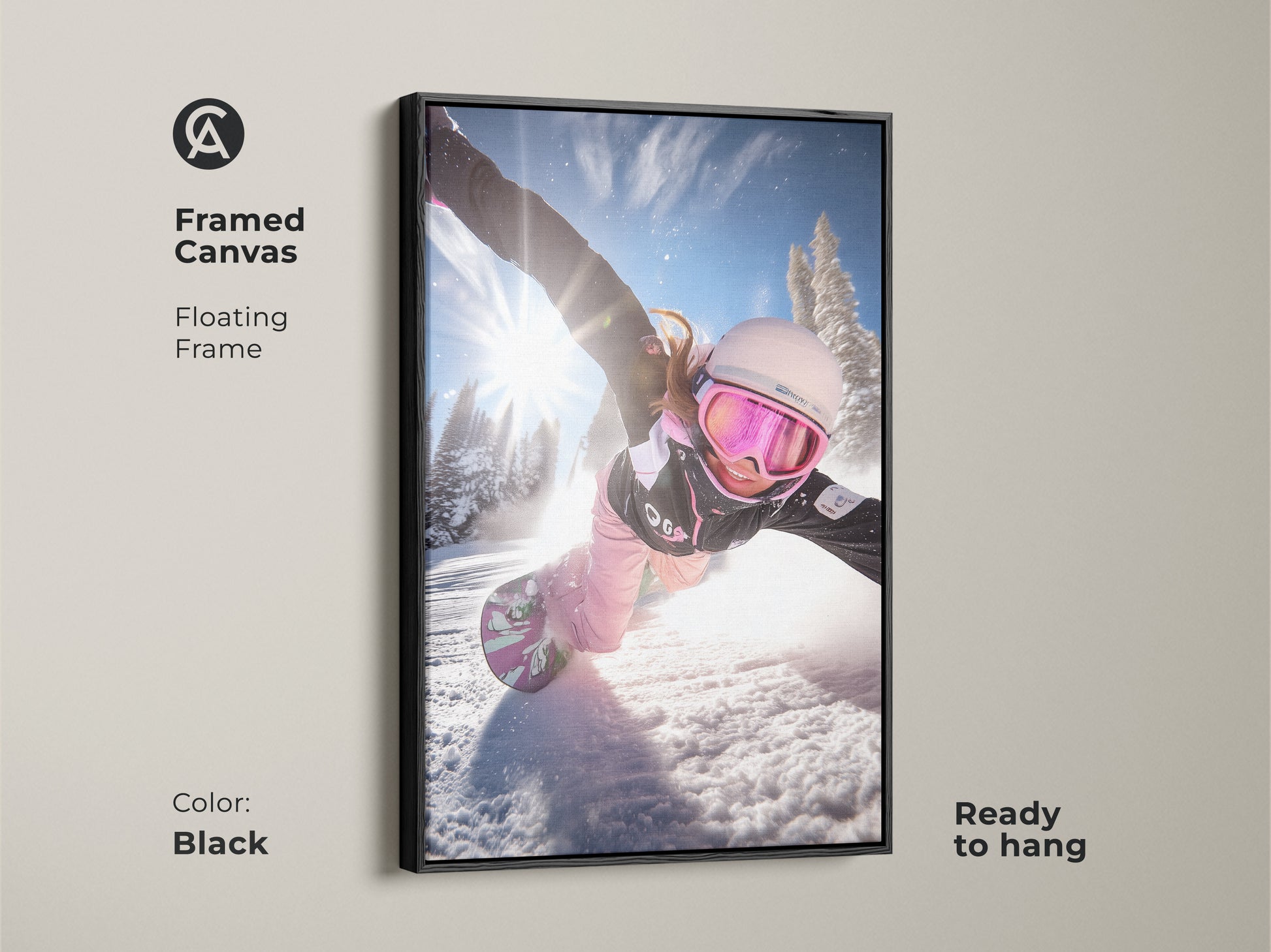Framed canvas of a snowboarder in action. The black floating frame adds a sleek touch. This dynamic winter sports print is ready to hang. Ideal wall art for snowboarder bedrooms and living areas.