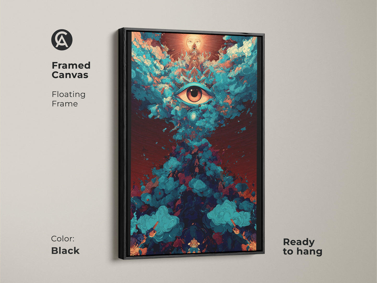 Black framed canvas art featuring a surreal eye. Floating frame adds elegance to the psychedelic wall decor. Ready-to-hang spiritual abstract artwork brings unique energy. Teal and orange colors enhance any space. Perfect eclectic home decor.