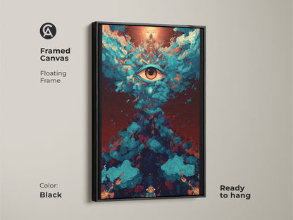 Black framed canvas art featuring a surreal eye. Floating frame adds elegance to the psychedelic wall decor. Ready-to-hang spiritual abstract artwork brings unique energy. Teal and orange colors enhance any space. Perfect eclectic home decor.
