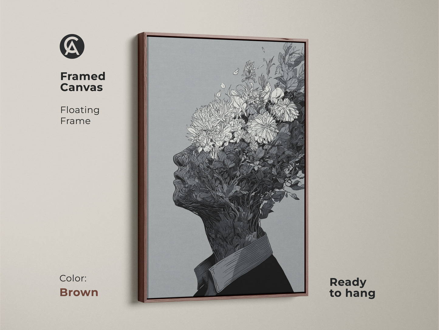 Framed canvas artwork with a floating frame. The art shows a black and white drawing of a floral head. This canvas comes in a brown frame. It is ready to hang and will add a touch of elegance to your wall decor.