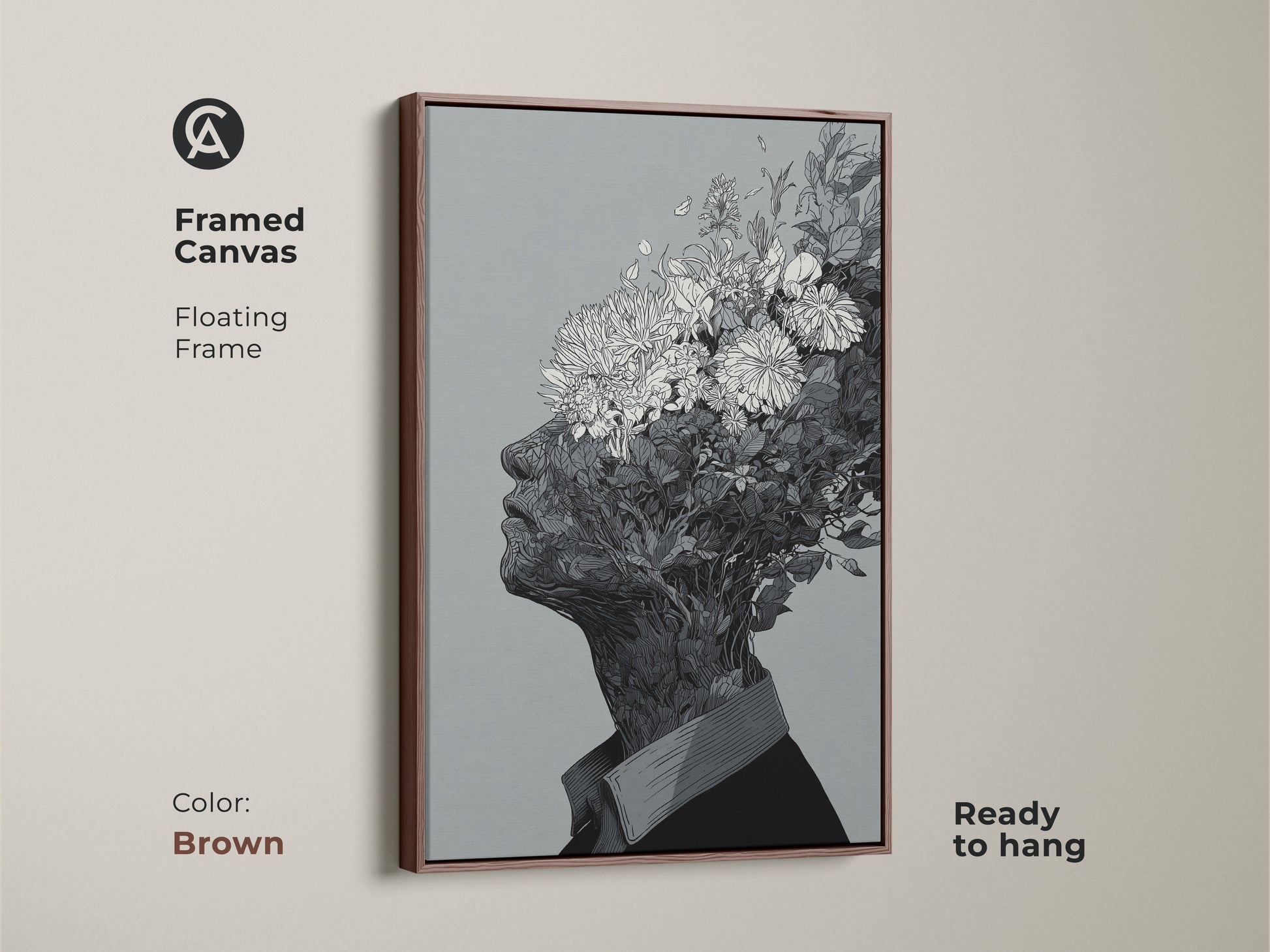 Framed canvas artwork with a floating frame. The art shows a black and white drawing of a floral head. This canvas comes in a brown frame. It is ready to hang and will add a touch of elegance to your wall decor.