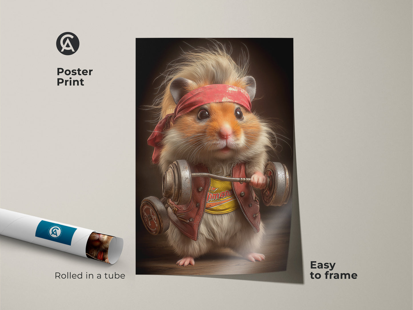 Poster print of a funny hamster lifting weights. This workout buddy poster is rolled in a tube and easy to frame. The cute animal gym decor is ideal as a birthday gift for gym goers. This humorous wall hanging will put a smile on anyone's face. Perfect for office fitness art.
