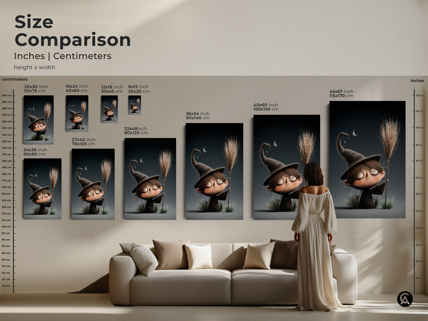 Size comparison showcasing cute cartoon witch artwork in inches and centimeters. Ideal for spooky nursery wall decor and dark academia gift ideas. Visualize how different sizes fit in your living room. Choose the perfect kids fantasy art to transform your space. Enhance your home with witch aesthetic art.