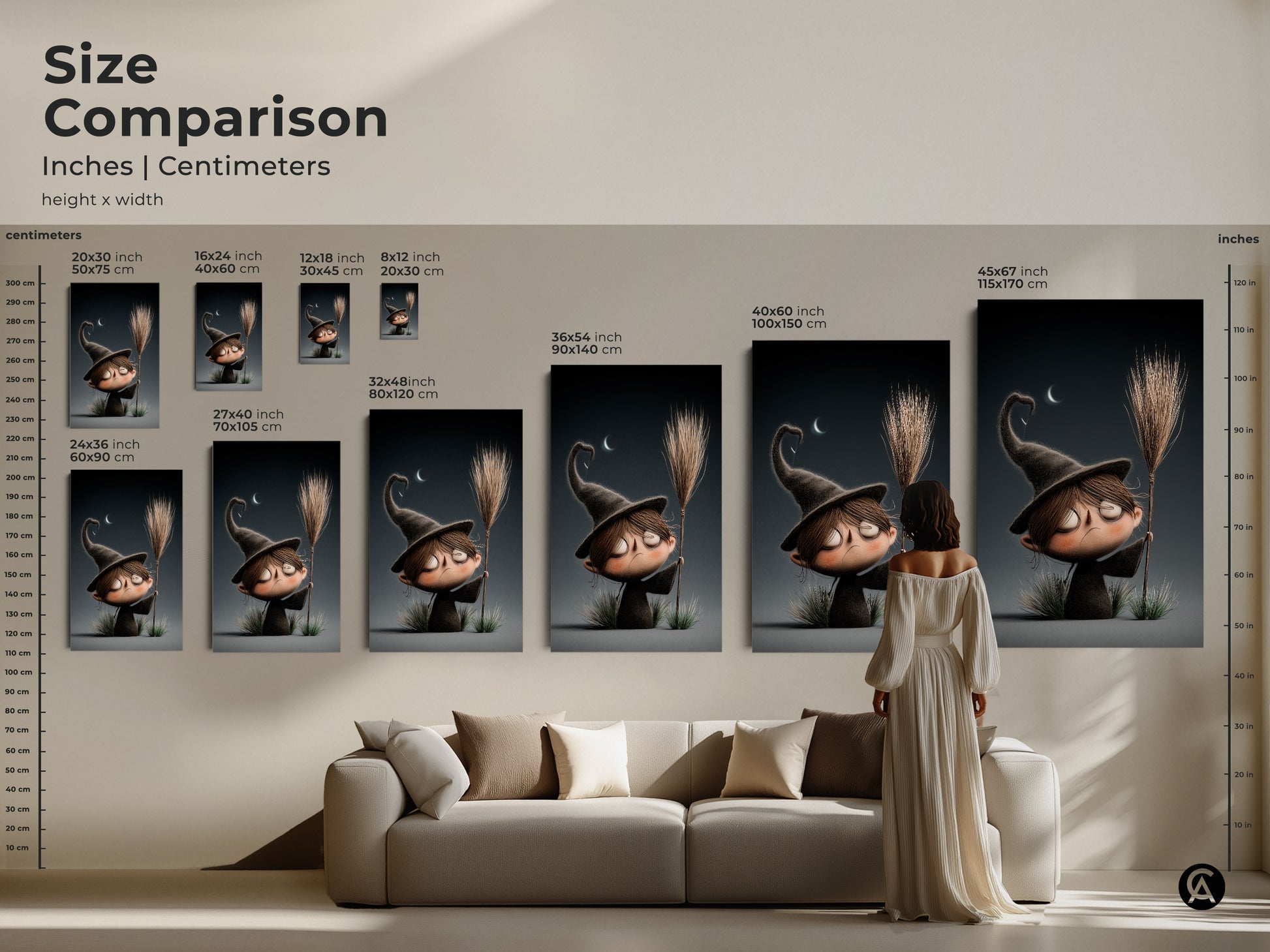 Size comparison showcasing cute cartoon witch artwork in inches and centimeters. Ideal for spooky nursery wall decor and dark academia gift ideas. Visualize how different sizes fit in your living room. Choose the perfect kids fantasy art to transform your space. Enhance your home with witch aesthetic art.
