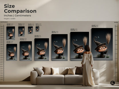 Size comparison showcasing cute cartoon witch artwork in inches and centimeters. Ideal for spooky nursery wall decor and dark academia gift ideas. Visualize how different sizes fit in your living room. Choose the perfect kids fantasy art to transform your space. Enhance your home with witch aesthetic art.