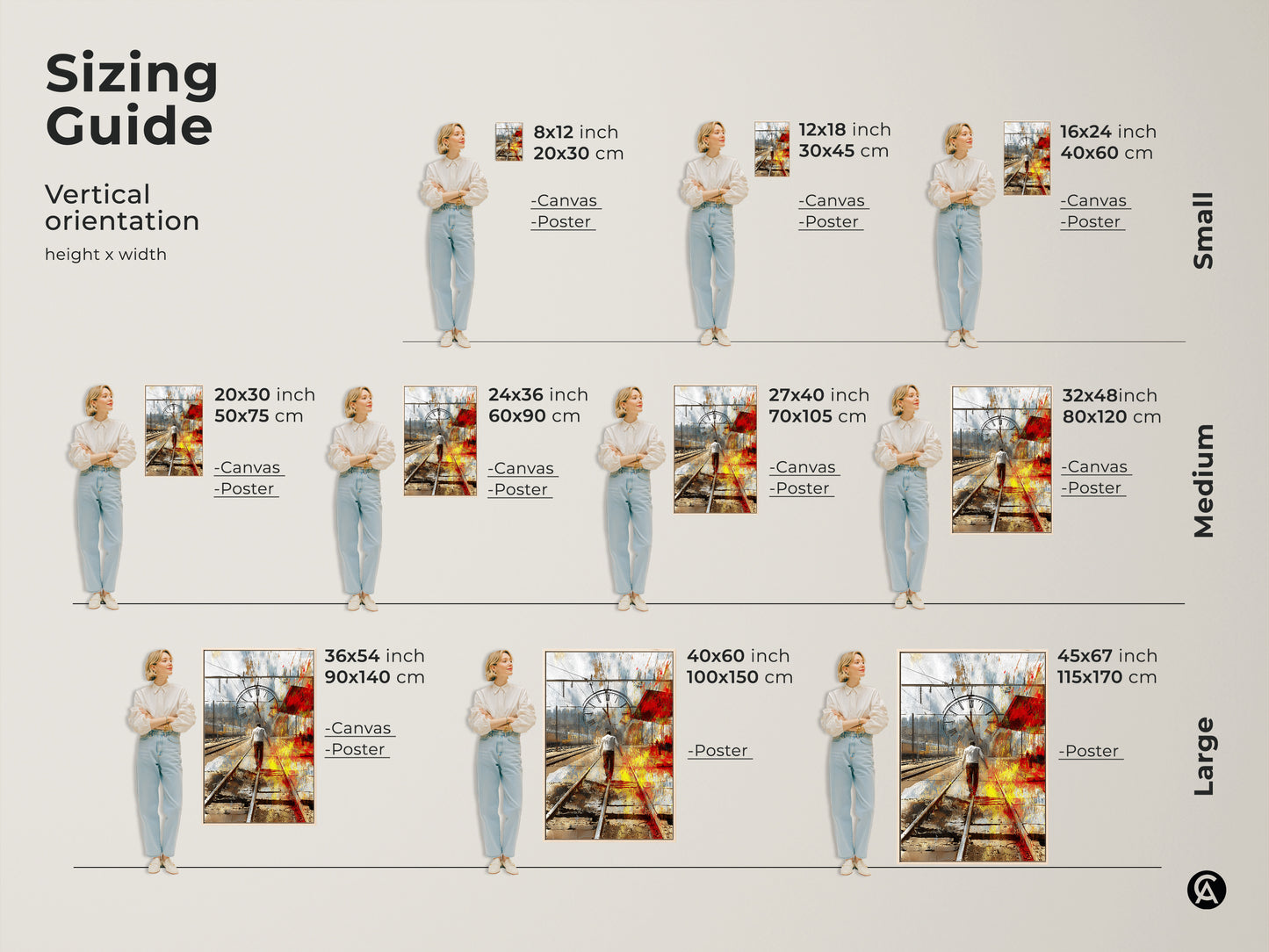 Sizing Guide for vertical orientation artwork. Canvas and poster prints are available in small medium and large sizes. A man walks on train tracks in this abstract expressionism canvas print. Eclectic office decor.