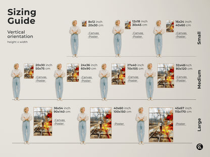 Sizing Guide for vertical orientation artwork. Canvas and poster prints are available in small medium and large sizes. A man walks on train tracks in this abstract expressionism canvas print. Eclectic office decor.