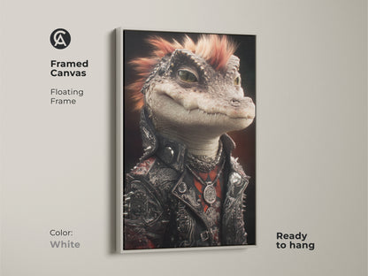 Framed canvas featuring the punk alligator art. The floating frame is white ready to hang. This music lover piece fits any room. It's gothic reptile wall art. The alternative reptile print adds an edgy touch. This unique piece is perfect for a rocker.