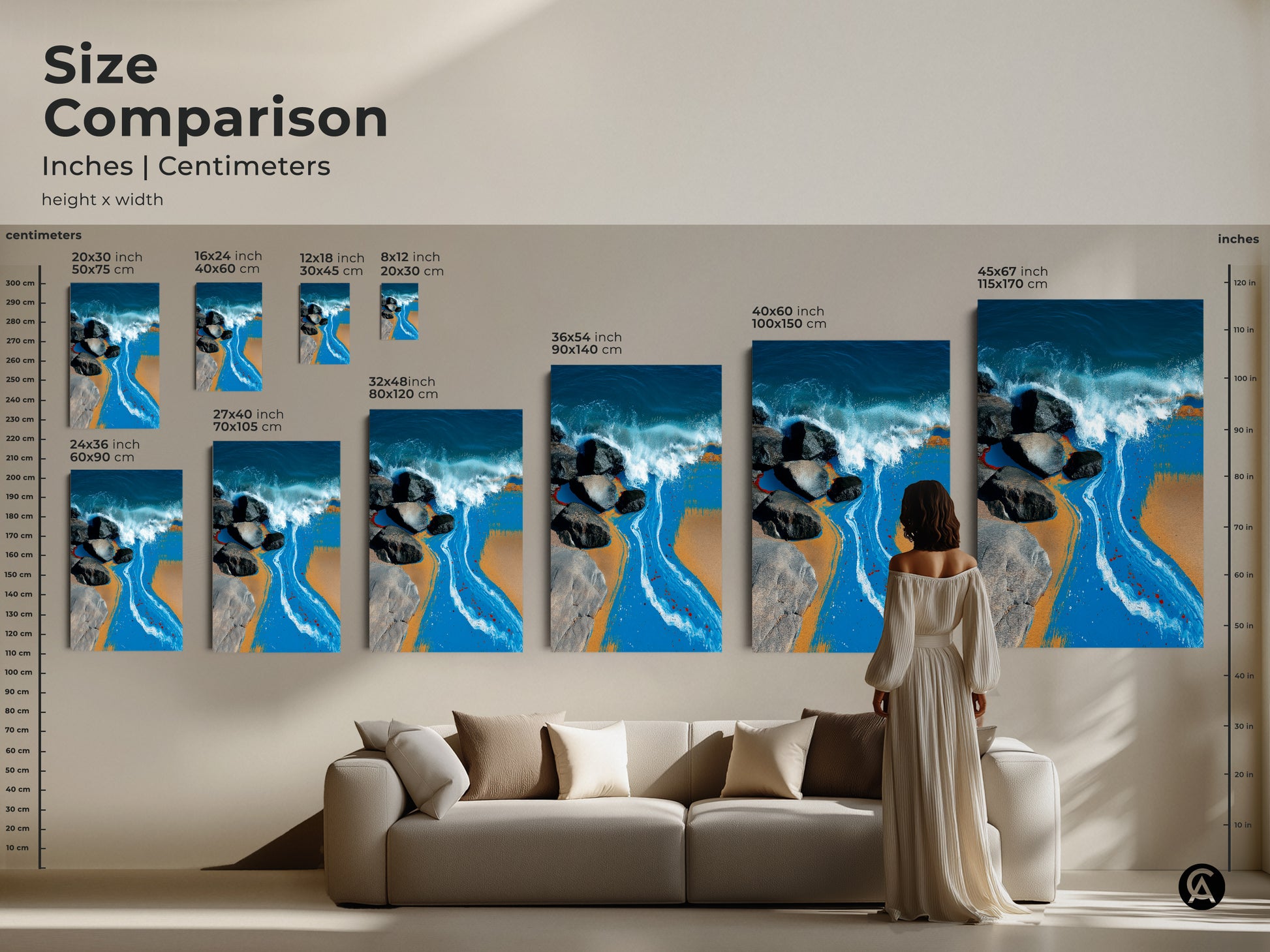 Size comparison of abstract ocean wave canvas prints. The modern art piece shows the sizes from small to large. Perfect for modern coastal living room art it can be a housewarming gift.