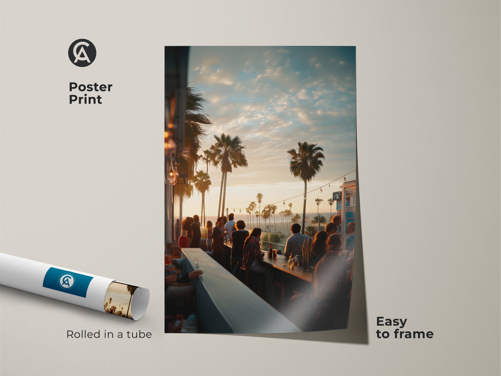 Poster print of a lively sunset bar scene with palm trees. Rolled in a tube this museum-quality paper print is easy to frame. Bring the energy of a coastal evening into your home with this vibrant artwork.