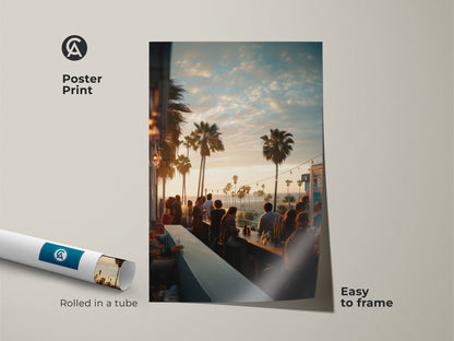 Poster print of a lively sunset bar scene with palm trees. Rolled in a tube this museum-quality paper print is easy to frame. Bring the energy of a coastal evening into your home with this vibrant artwork.