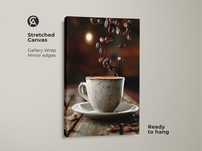 Stretched canvas art print of a coffee cup and beans. Gallery wrapped with mirror edges. Ready to hang this rustic kitchen wall decor. Perfect modern farmhouse art.