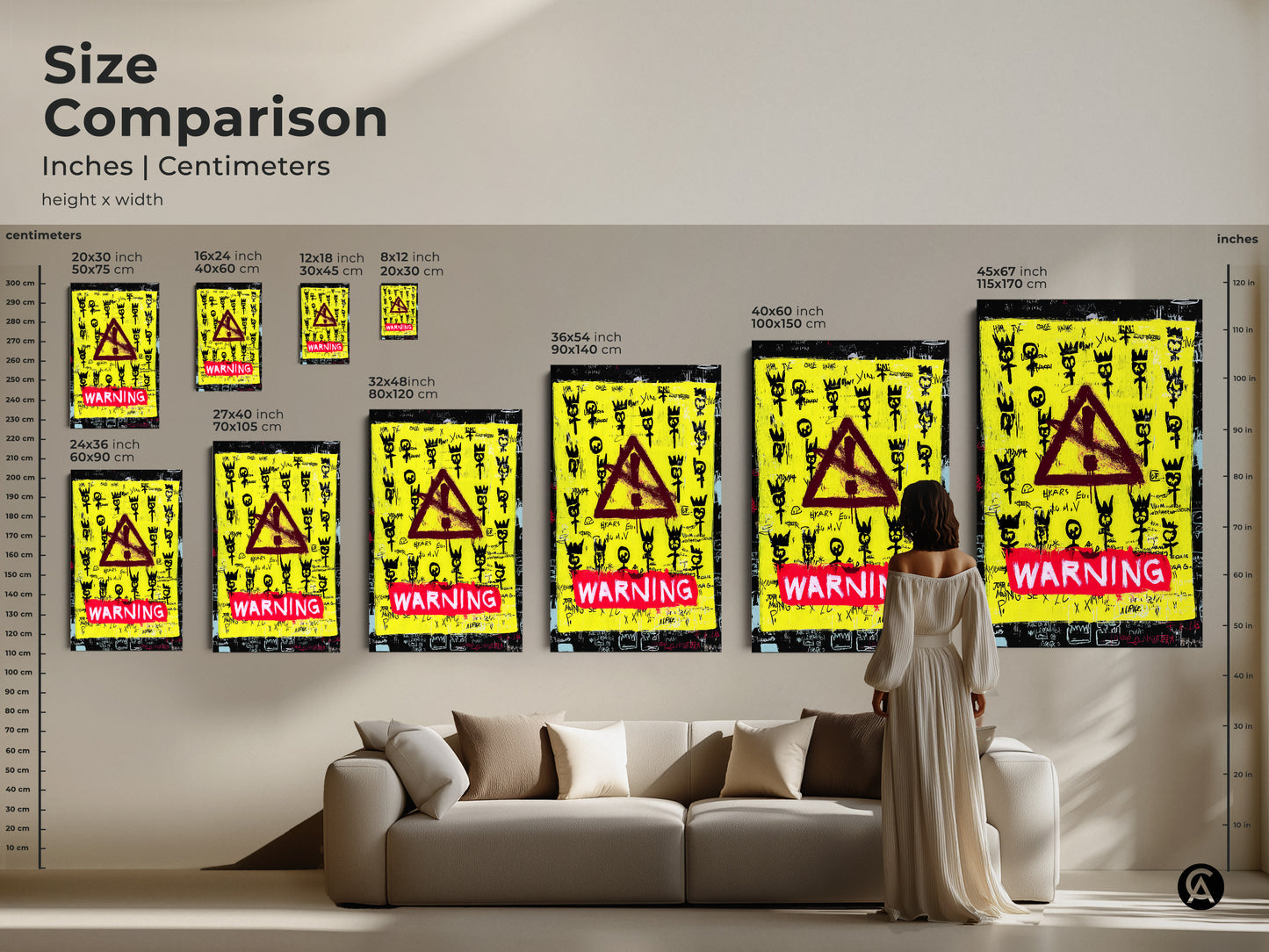 Size comparison of urban street art canvas prints. See the artwork in various dimensions with a model and a sofa. The yellow and black graffiti neo-expressionism wall art features a red warning sign. Perfect for planning your eclectic home decor or modern office wall art.