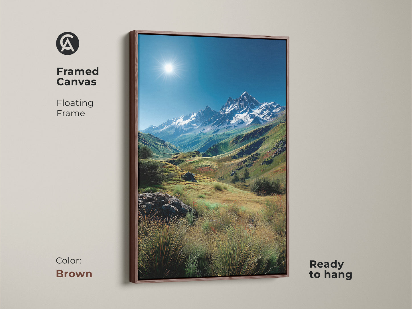 Framed canvas print displaying a mountain scene with a brown floating frame. This ready-to-hang artwork offers a warm inviting feel to your space. The rich tones of the frame complement the natural landscape perfectly for home decor.