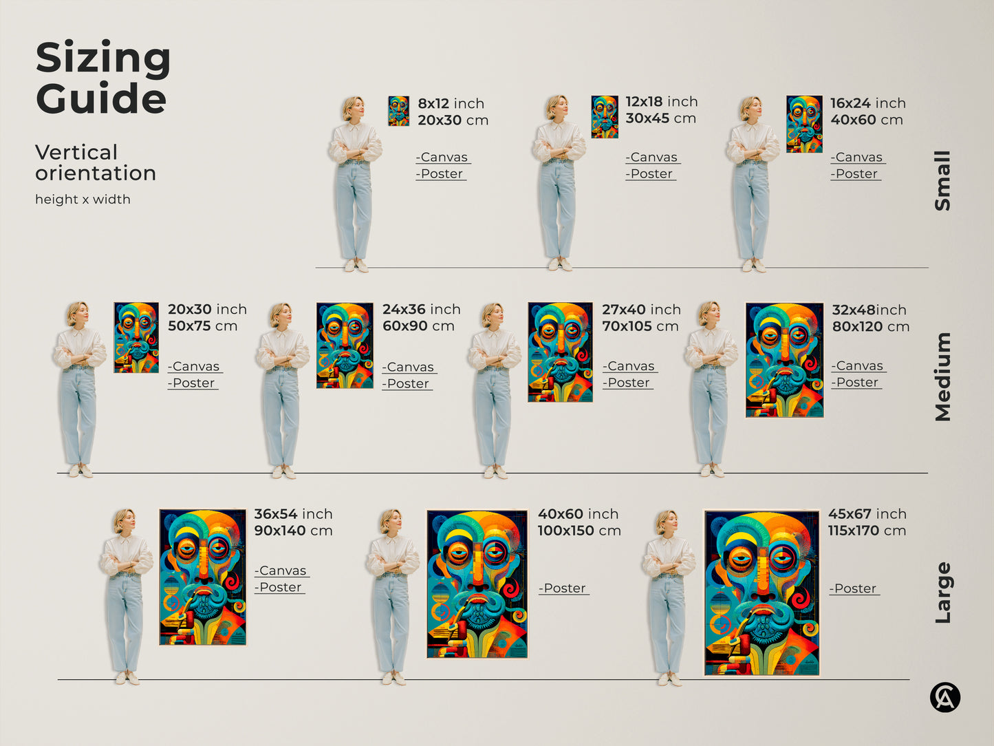Sizing guide for vertical abstract man portrait art. Visualize small medium and large canvas and poster prints. Find the perfect size for your teal blue and orange wall decor.