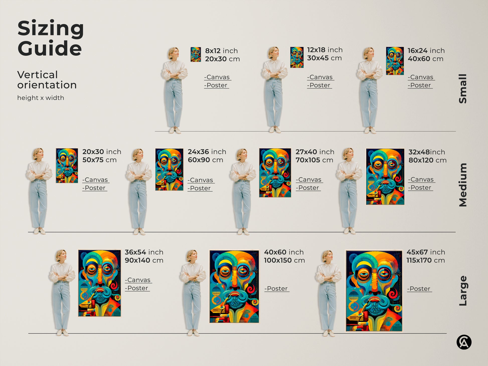 Sizing guide for vertical abstract man portrait art. Visualize small medium and large canvas and poster prints. Find the perfect size for your teal blue and orange wall decor.