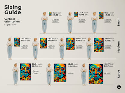 Sizing guide for vertical abstract man portrait art. Visualize small medium and large canvas and poster prints. Find the perfect size for your teal blue and orange wall decor.