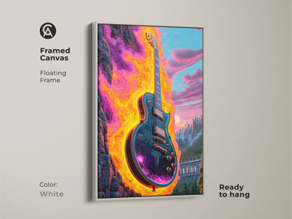 Framed canvas of psychedelic electric guitar art with a floating white frame. Abstract cosmic mountain landscape artwork ready to hang. A vibrant and eclectic piece perfect for adding intense color to any room. Unique gift for musicians and art lovers seeking impactful decor.