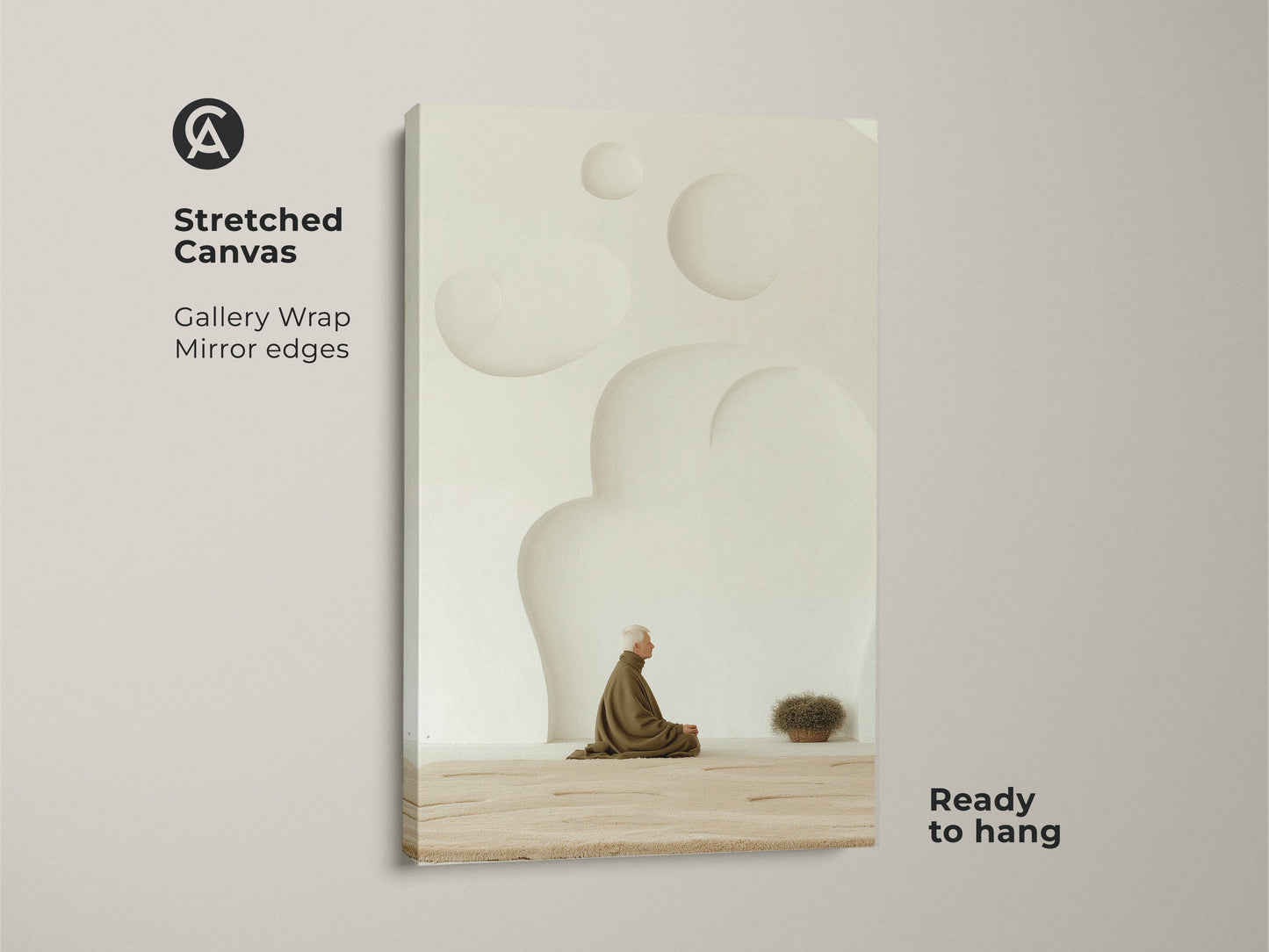 Stretched Canvas featuring gallery wrapped edges and mirror edges. This minimalist Zen elderly man print brings a spiritual touch to any space. A perfect piece of minimalist wall decor ready to hang. The neutral beige art makes a mindful gift.