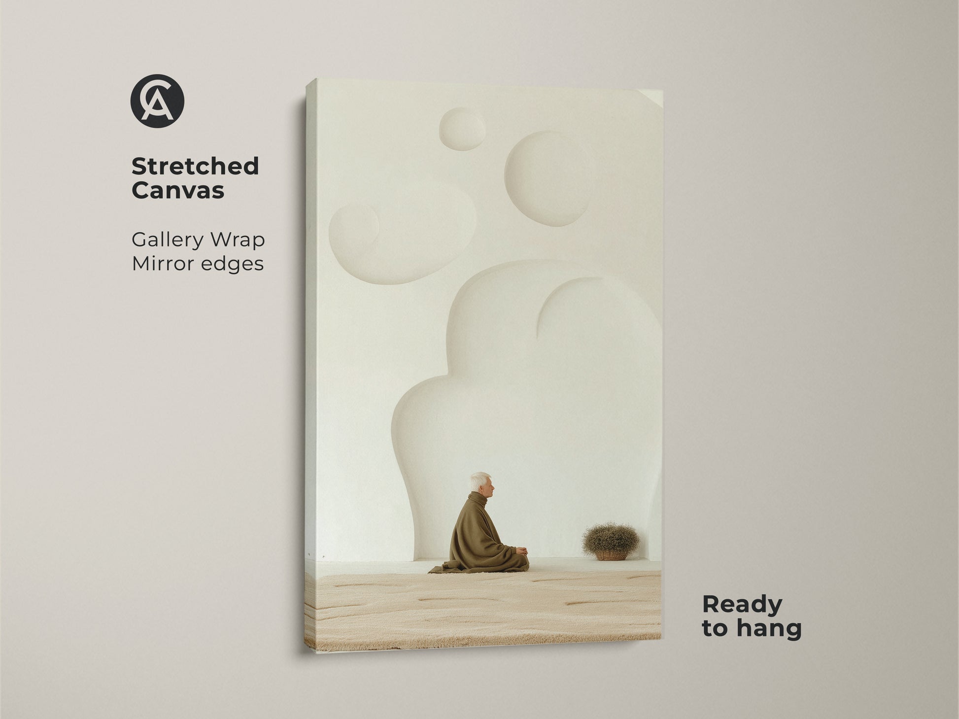 Stretched Canvas featuring gallery wrapped edges and mirror edges. This minimalist Zen elderly man print brings a spiritual touch to any space. A perfect piece of minimalist wall decor ready to hang. The neutral beige art makes a mindful gift.