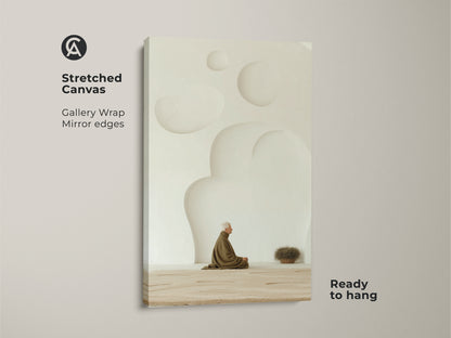 Stretched Canvas featuring gallery wrapped edges and mirror edges. This minimalist Zen elderly man print brings a spiritual touch to any space. A perfect piece of minimalist wall decor ready to hang. The neutral beige art makes a mindful gift.