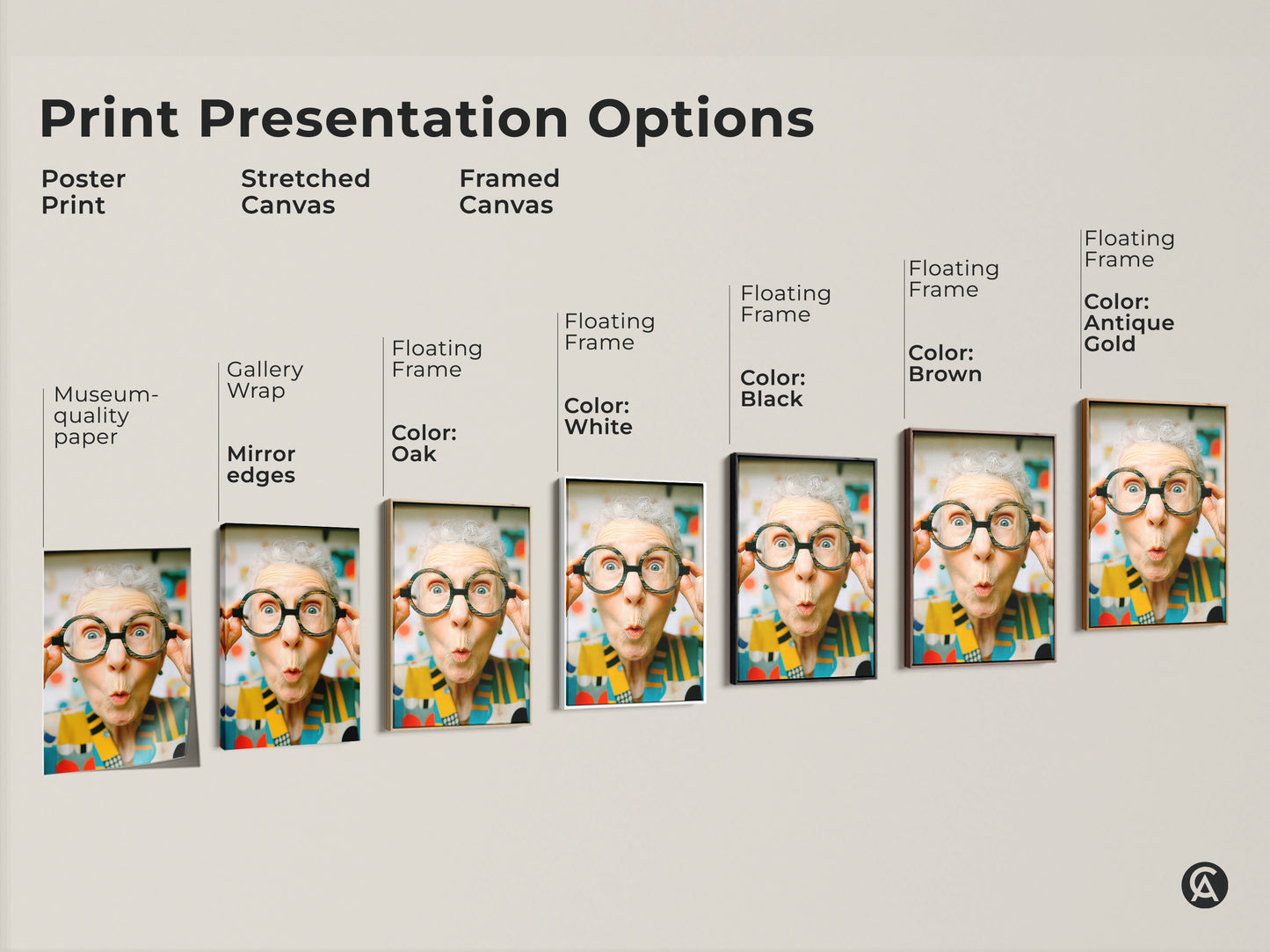 Print presentation options for artwork featuring a woman with glasses. Choose from poster print stretched canvas or framed canvas. Available with floating frame and various colors.