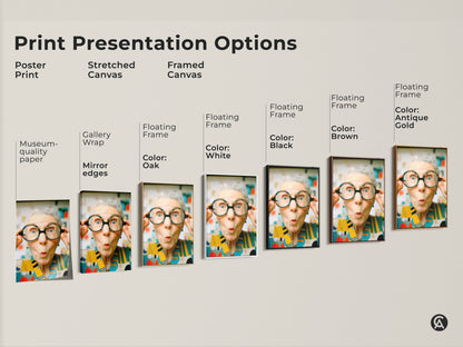 Print presentation options for artwork featuring a woman with glasses. Choose from poster print stretched canvas or framed canvas. Available with floating frame and various colors.