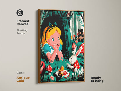 This framed canvas presents Alice in Wonderland artwork. It features Alice with the White Rabbit and a bear. The antique gold frame accentuates the fantasy storybook scene. This makes it ideal as whimsical animal art for kids room decor.