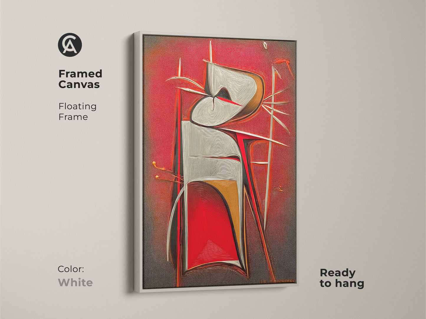Framed canvas of a red grey and white abstract geometric artwork. The floating frame is white and ready to hang. A contemporary art print for modern office decor.