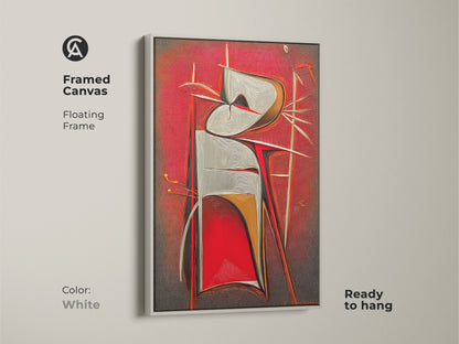 Framed canvas of a red grey and white abstract geometric artwork. The floating frame is white and ready to hang. A contemporary art print for modern office decor.