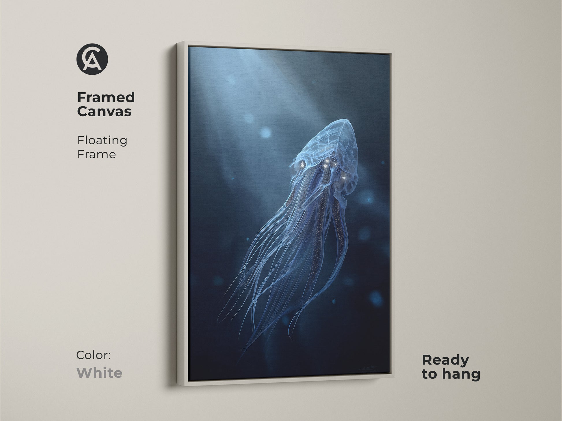 White framed canvas displaying surreal jellyfish art. The floating frame adds to the modern fantasy wall decor. Electric blue and cyan ocean art for a serene bedroom.