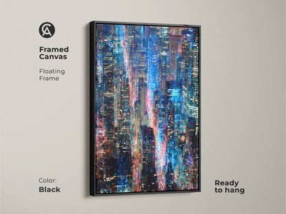 Enhance your living space with this framed canvas art. This artwork features a captivating cityscape at night. The floating frame adds a touch of sophistication. The blue and red lights create a mesmerizing visual. The frame color is black and ready to hang.