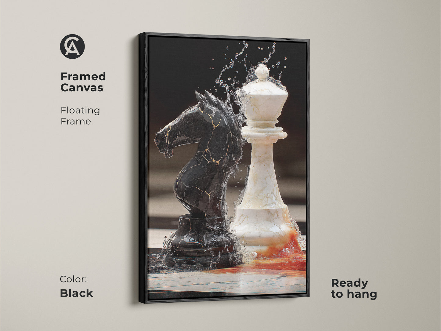 A framed black canvas featuring abstract chess art shows a black knight and white queen. This modern office wall art canvas comes ready to hang. The floating frame adds an elegant touch making it a sophisticated gift.