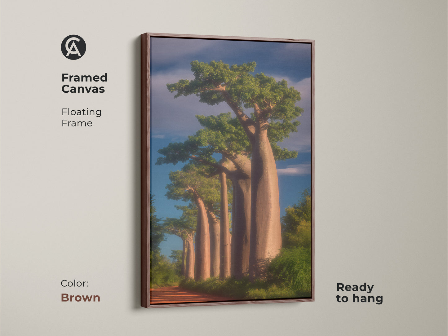 Framed canvas of a photorealistic Baobab tree. The brown floating frame complements the African savanna landscape. This nature painting adds boho decor to any room. It is ready to hang. A unique nature lover gift.