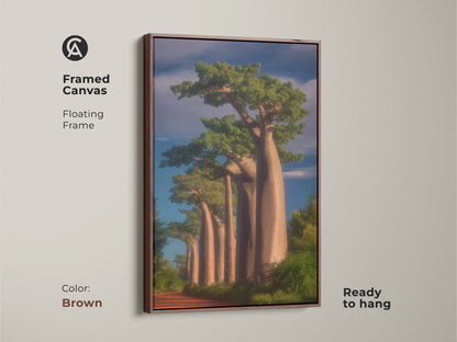 Framed canvas of a photorealistic Baobab tree. The brown floating frame complements the African savanna landscape. This nature painting adds boho decor to any room. It is ready to hang. A unique nature lover gift.