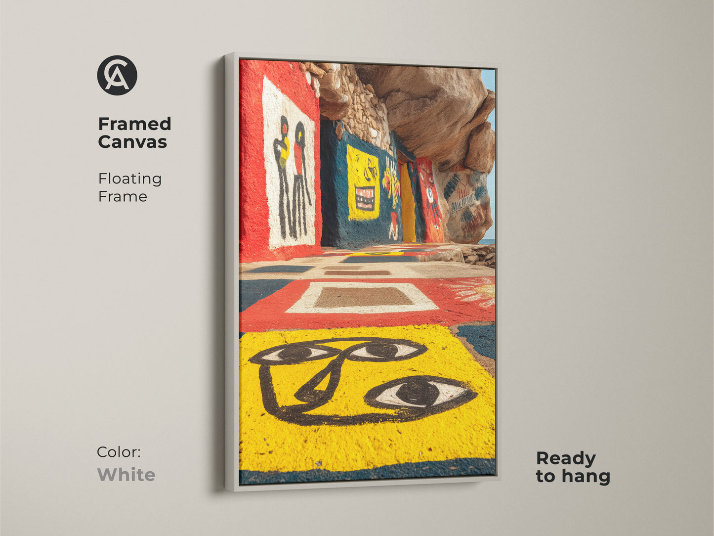 Bring modern flair with our art brut figurative print in a white framed canvas. This piece features striking yellow red blue artwork. Ready to hang. It enhances eclectic home decor. This outsider art is a unique gift for any art enthusiast.