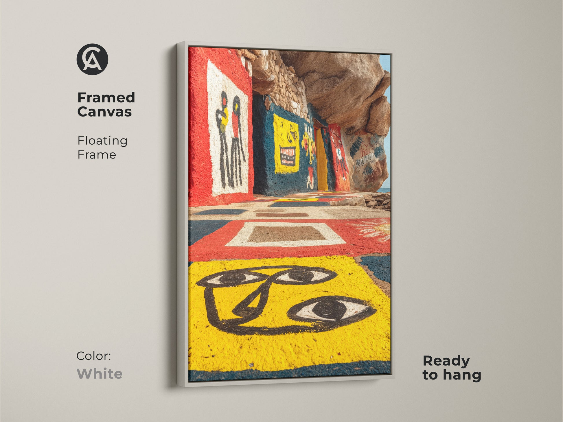 Bring modern flair with our art brut figurative print in a white framed canvas. This piece features striking yellow red blue artwork. Ready to hang. It enhances eclectic home decor. This outsider art is a unique gift for any art enthusiast.