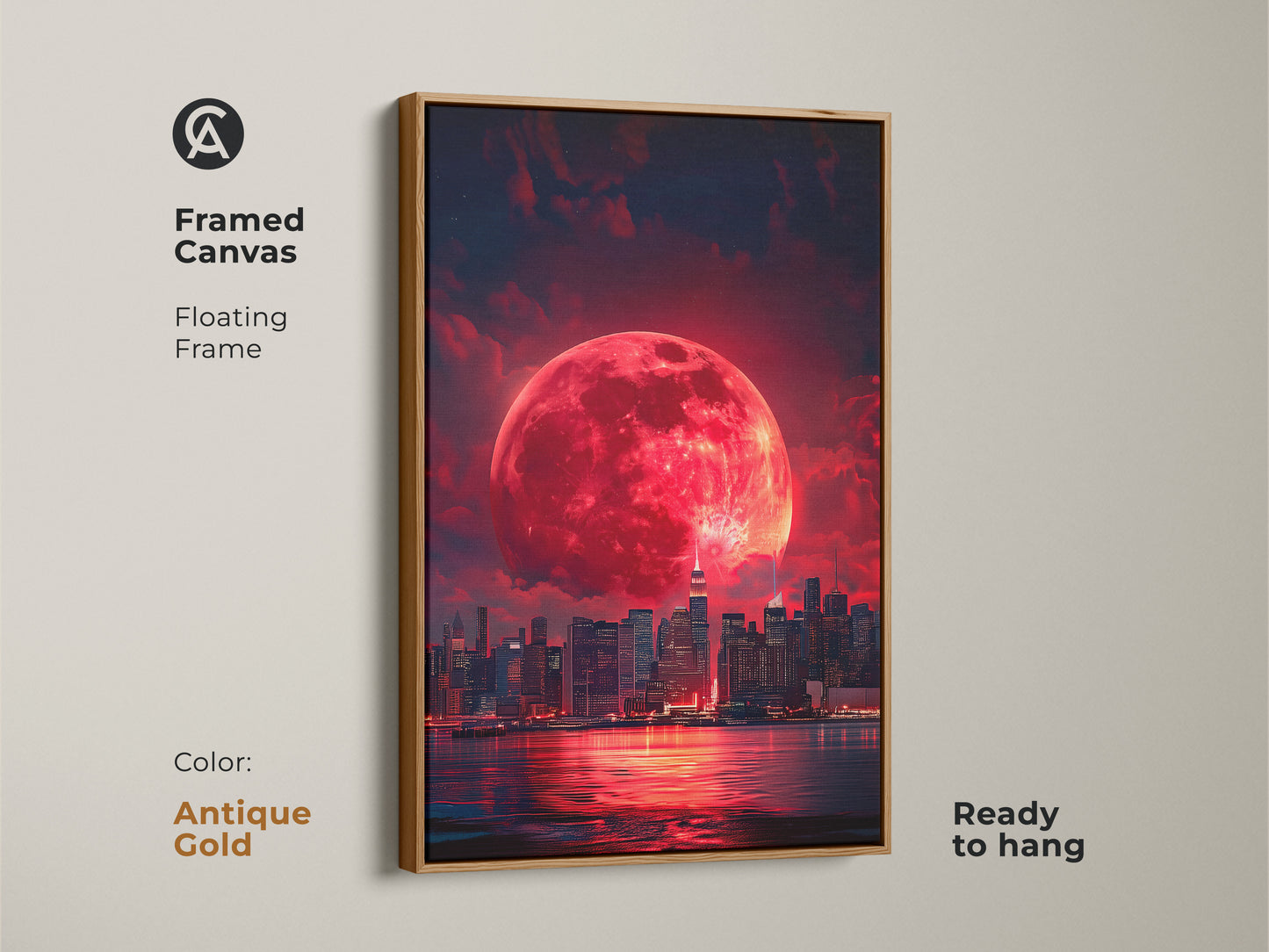 Framed canvas featuring a surreal cityscape under a crimson moon. This fantasy skyline artwork has a floating frame in antique gold. Ready to hang this urban wall decor adds a dramatic touch to bedrooms living rooms or offices.