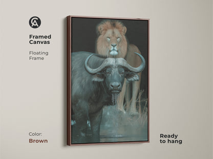 This framed canvas presents a buffalo and lion in their natural habitat. The brown floating frame complements this animal photography wall artwork that is ready to hang. Perfect for an office or study this African wildlife print adds a touch of nature. The artwork features deep browns greys and dark teal tones.