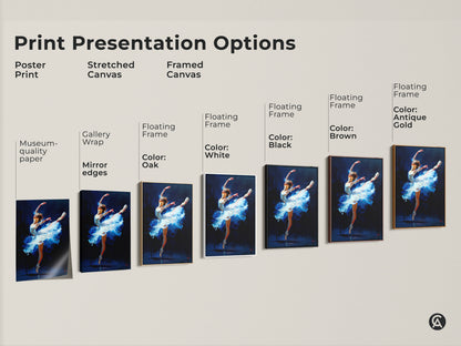 Explore our print presentation options. Choose from poster prints stretched canvas and framed canvas. Each option highlights the beauty of the ballet dancer artwork. Find your perfect piece.
