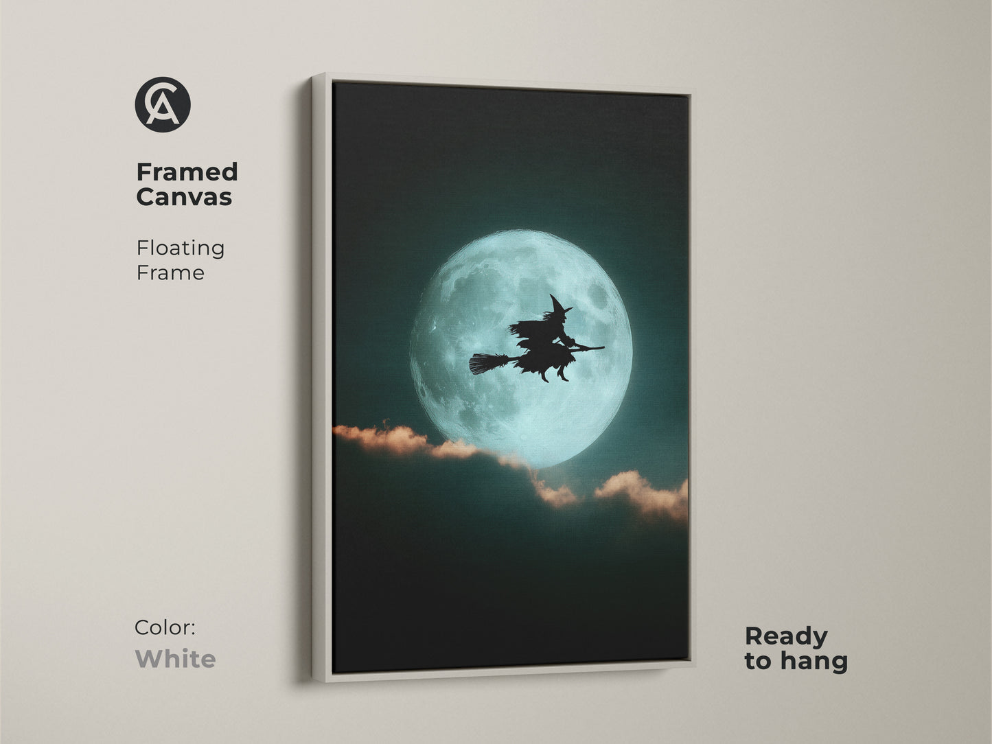 White framed canvas art shows a witch silhouette. The witch flies across a bright teal moon. Ready to hang this gothic Halloween art enhances any room. A great piece for eclectic bedroom art.
