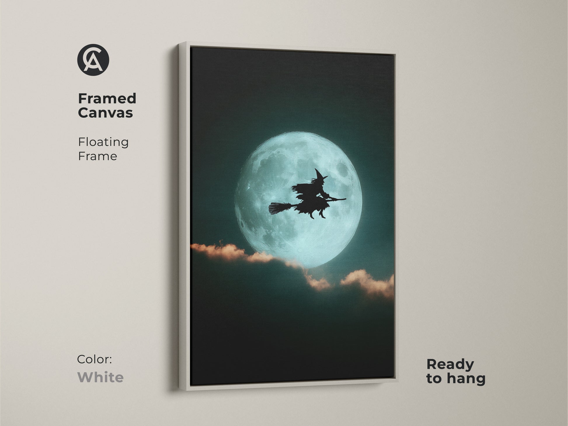 White framed canvas art shows a witch silhouette. The witch flies across a bright teal moon. Ready to hang this gothic Halloween art enhances any room. A great piece for eclectic bedroom art.