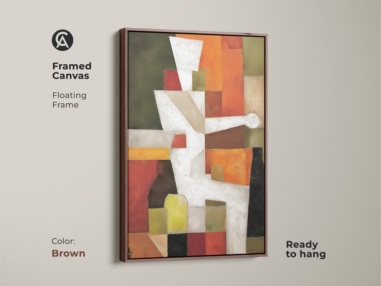 Framed canvas of abstract geometric artwork. The floating frame is brown. This Mid-Century Modern art is ready to hang. It features a Terracotta and White palette with Orange and Olive Green accents.