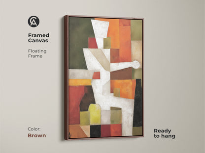 Framed canvas of abstract geometric artwork. The floating frame is brown. This Mid-Century Modern art is ready to hang. It features a Terracotta and White palette with Orange and Olive Green accents.