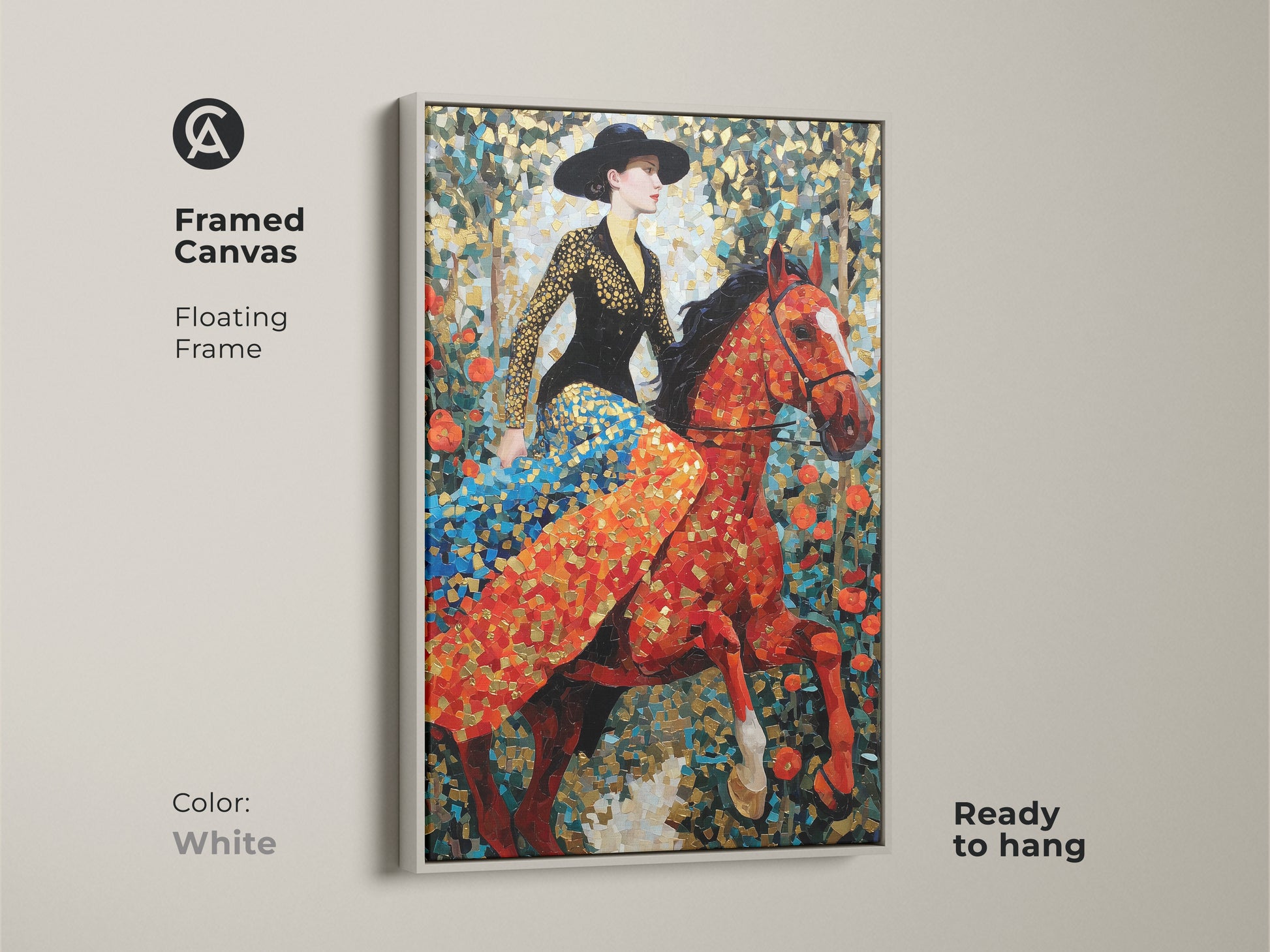 Framed canvas featuring a white floating frame. The mosaic horse rider wall art is ready to hang. This is a great gift for horse lovers. The eclectic equestrian canvas print is vibrant and colorful. Shop this unique mosaic painting now.