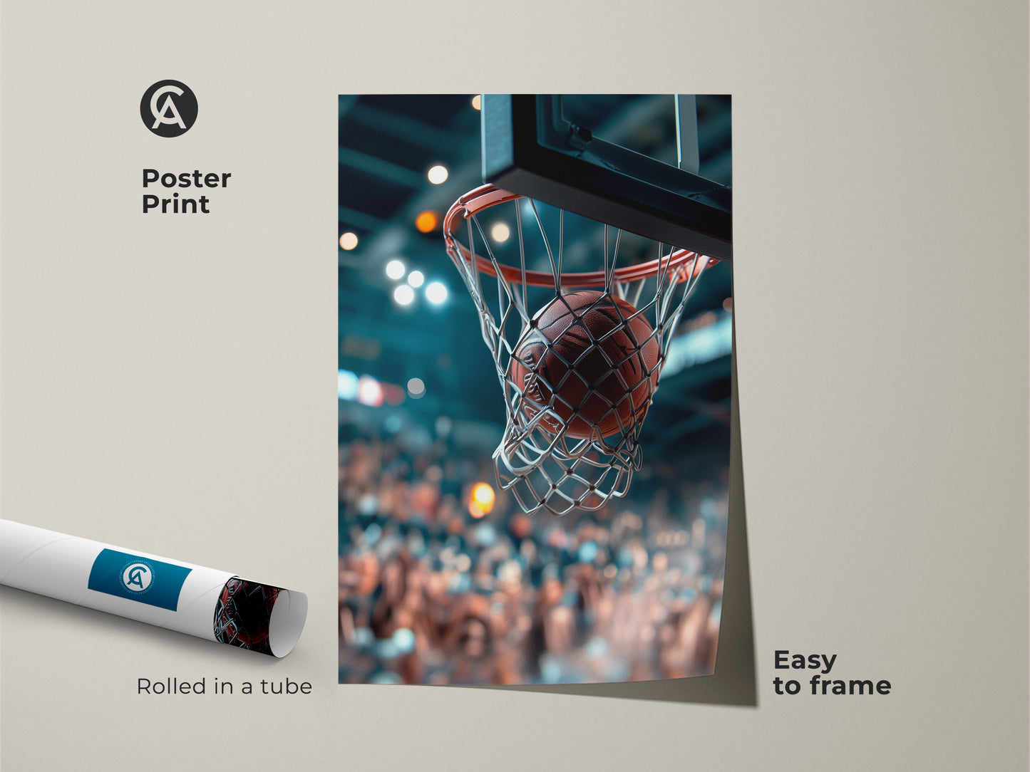 Poster print of a basketball art going through a net. The crowd is blurred in the background. This poster is easy to frame and comes rolled in a tube. It is a great way to display your love for basketball. Perfect for any room.