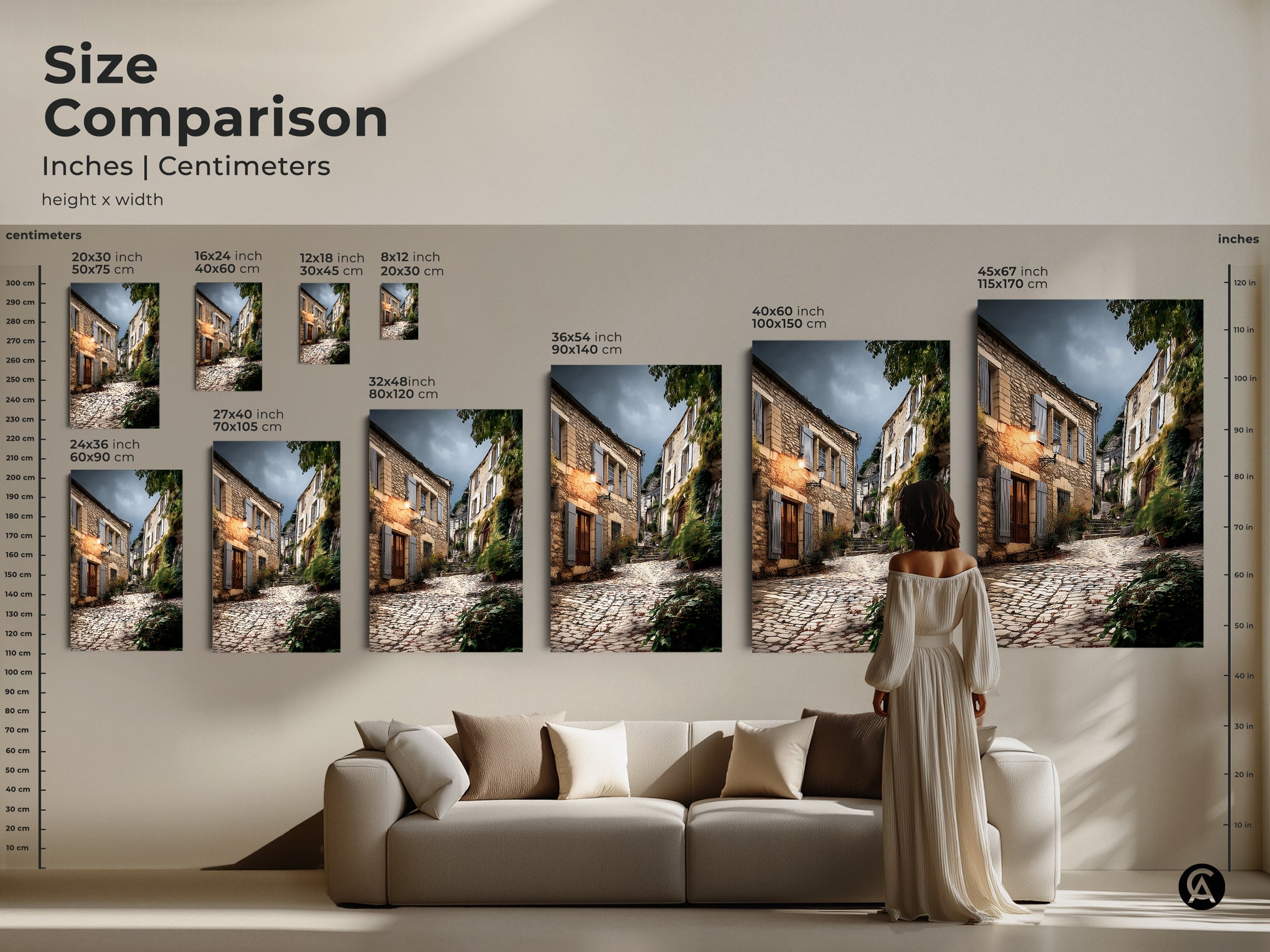 Size comparison of European village art prints. See how different sizes fit above a sofa. Available in inches and centimeters. Rustic beige and brown tones create a cozy atmosphere. Perfect for adding old-world charm to your home decor. Ideal for travel lovers and countryside painting print.